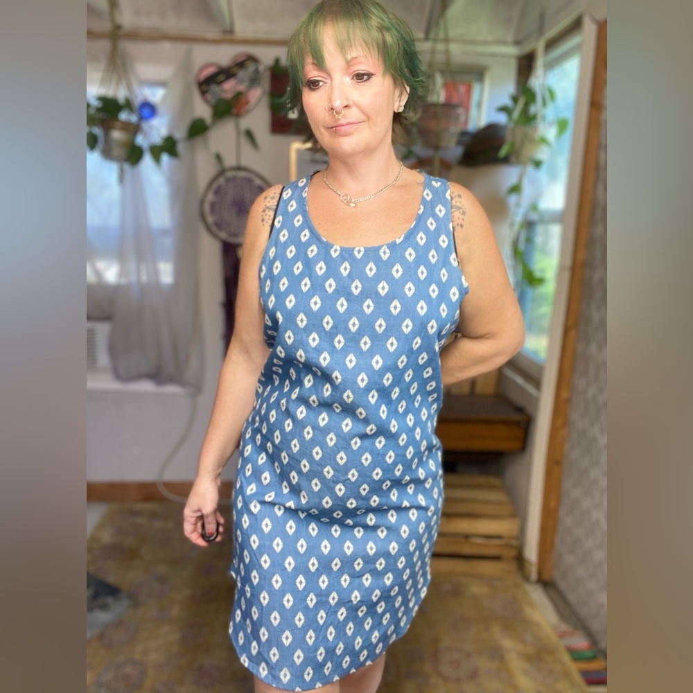 Peach Love California Blue & Cream Racerback Tank Dress Size Large